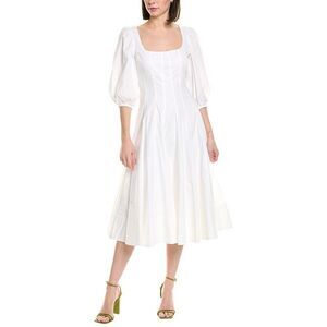 STAUD Women's White Swells Linen Blend Midi Fit & Flare Dress Size 12 NWOT